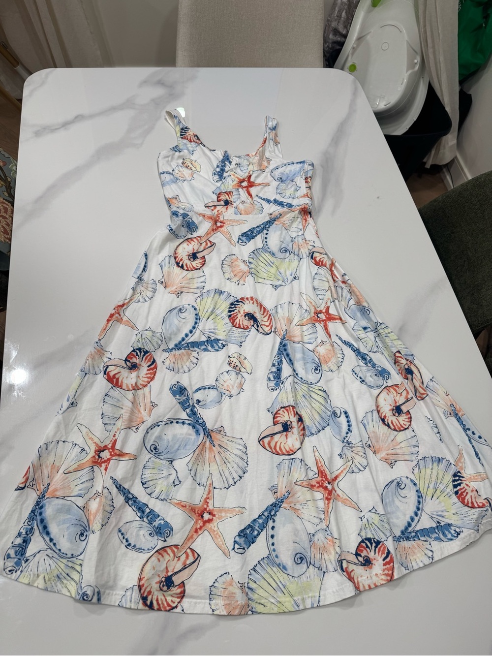 Chaps White Midi Dress with Blue and Orange Seashell Print